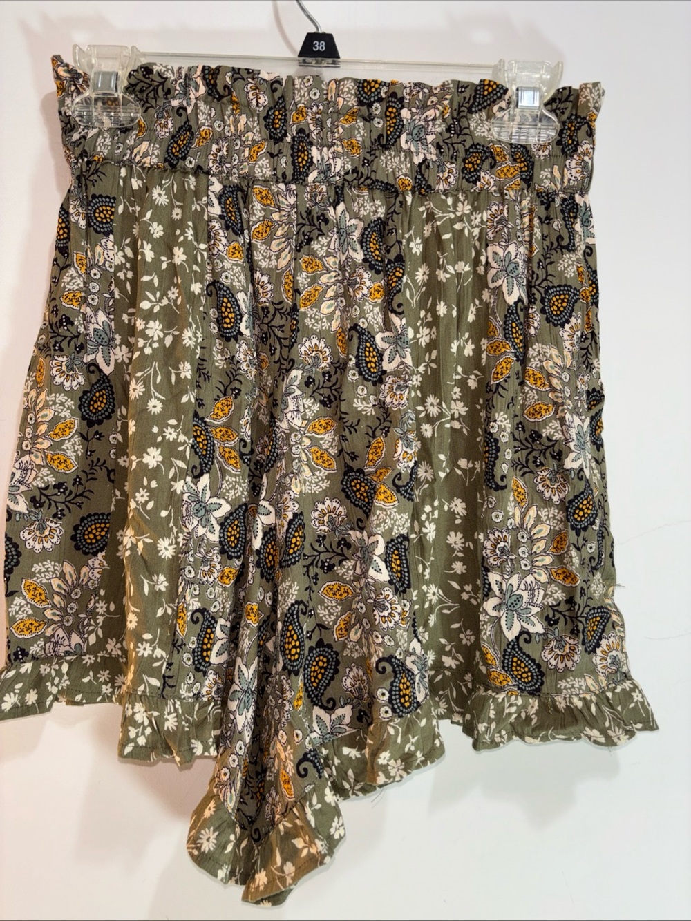 Angie Olive Floral Paisley Ruffle-Waist Women’s Shorts. 1075 - Picture 3 of 7
